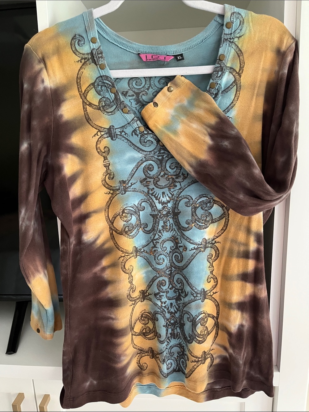 Women's Blue, Brown & Gold Tie-Dye Long Sleeve Top
